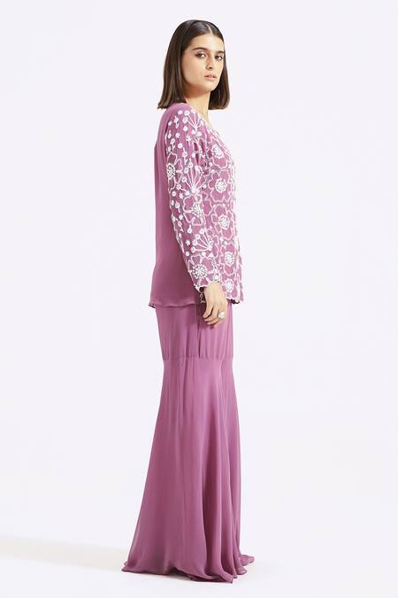 Buy Basanti - Kapde Aur Koffee Purple Georgette Pearls, Floral Hand Embroidered Jacket Kurta With Gharara Online at Aza Fashions Buy_Basanti - Kapde Aur Koffee_Purple Georgette Pearls, Floral Hand Embroidered Jacket Kurta With Gharara_Online_at_Aza_Fashions