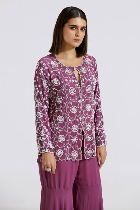 Shop Basanti - Kapde Aur Koffee Purple Georgette Pearls, Floral Hand Embroidered Jacket Kurta With Gharara Online at Aza Fashions Shop_Basanti - Kapde Aur Koffee_Purple Georgette Pearls, Floral Hand Embroidered Jacket Kurta With Gharara_Online_at_Aza_Fashions