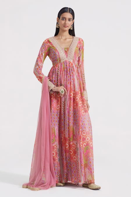 Basanti - Kapde Aur Koffee Multi Color Anarkali Organza Printed And Embroidered Pleated With Dupatta 