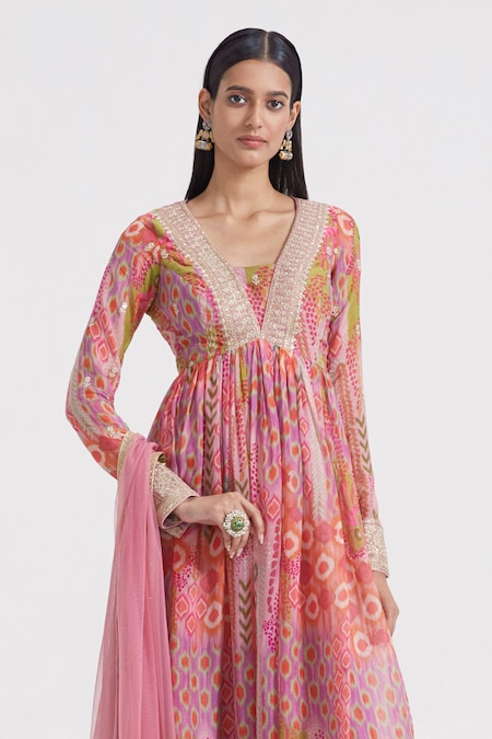 Buy Multi Color Anarkali Organza Printed And Pleated With Dupatta