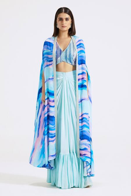 Basanti - Kapde Aur Koffee_Blue Crepe Sequins, Cut Work, Ruffles Abstract Stripe Print Cape Skirt Set_Online_at_Aza_Fashions