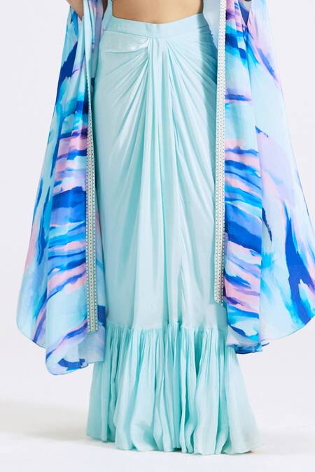 Buy_Basanti - Kapde Aur Koffee_Blue Crepe Sequins, Cut Work, Ruffles Abstract Stripe Print Cape Skirt Set_Online_at_Aza_Fashions