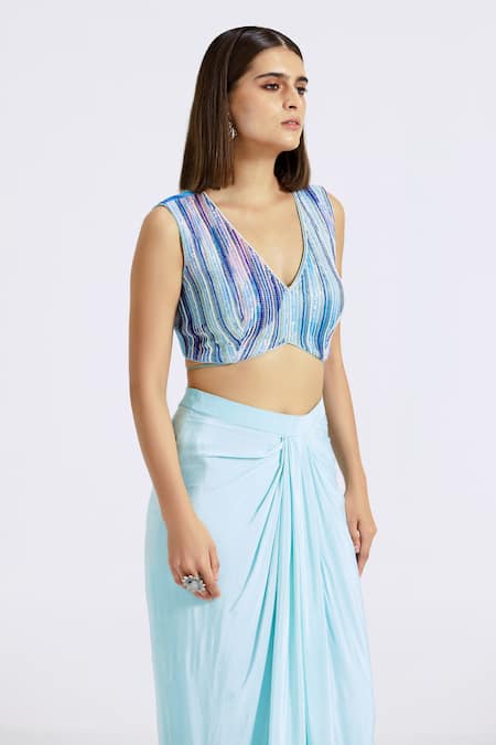 Shop_Basanti - Kapde Aur Koffee_Blue Crepe Sequins, Cut Work, Ruffles Abstract Stripe Print Cape Skirt Set_Online_at_Aza_Fashions