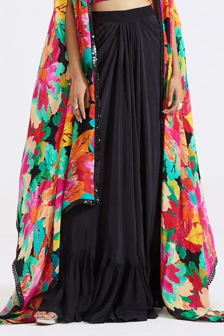 Basanti - Kapde Aur Koffee_Multi Color Crepe Sequins Sweetheart Neck, Abstract Floral Print Cape Skirt Set _Online_at_Aza_Fashions