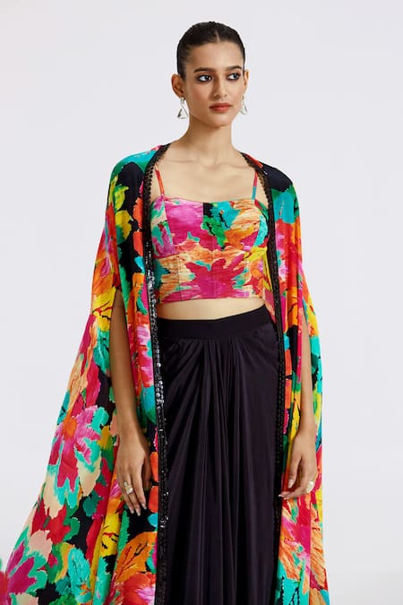 Buy_Basanti - Kapde Aur Koffee_Multi Color Crepe Sequins Sweetheart Neck, Abstract Floral Print Cape Skirt Set _Online_at_Aza_Fashions