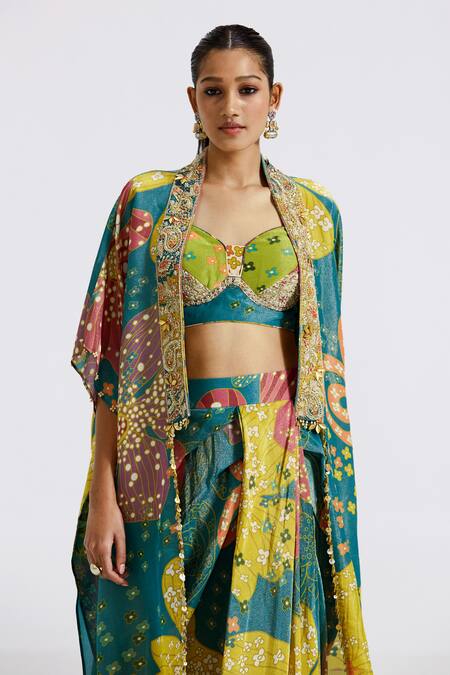 Buy_Basanti - Kapde Aur Koffee_Multi Color Tissue Beads, Sequins, Floral Print Cape Pleated Draped Skirt Set_Online_at_Aza_Fashions