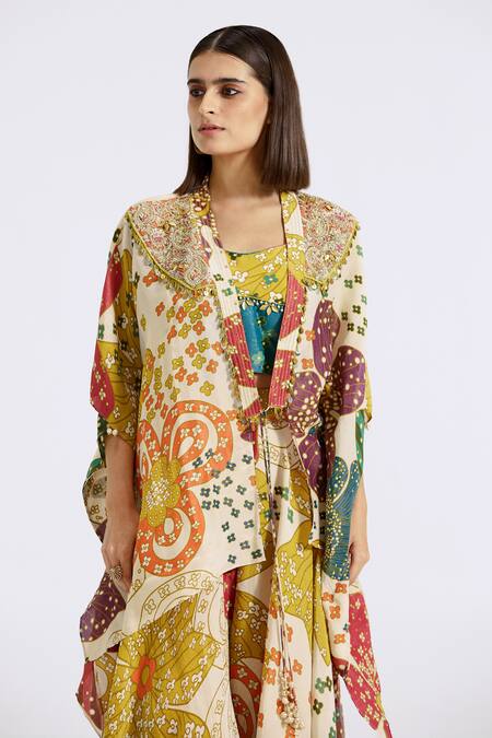 Basanti - Kapde Aur Koffee_Multi Color Tissue Sequins, Beads Sweetheart Neck Floral Print Cape Sharara Set_Online_at_Aza_Fashions