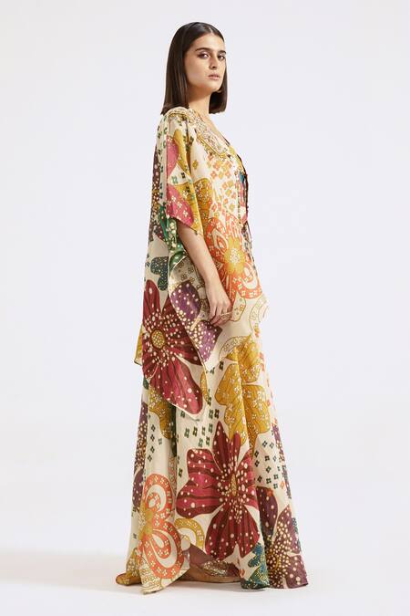 Buy_Basanti - Kapde Aur Koffee_Multi Color Tissue Sequins, Beads Sweetheart Neck Floral Print Cape Sharara Set_Online_at_Aza_Fashions