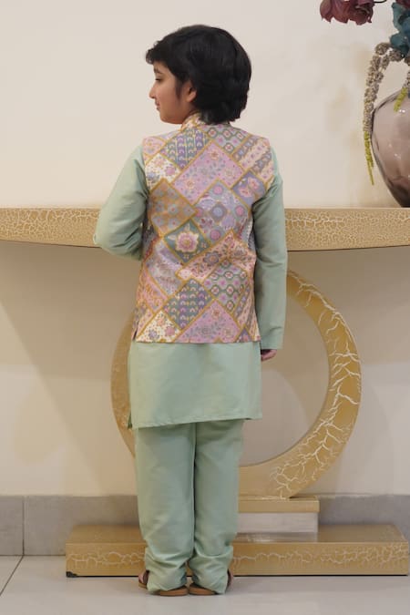 Shop_Taber Tikri_Multi Color Silk, Cotton Zari Floral Tile Print Bundi Set _at_Aza_Fashions