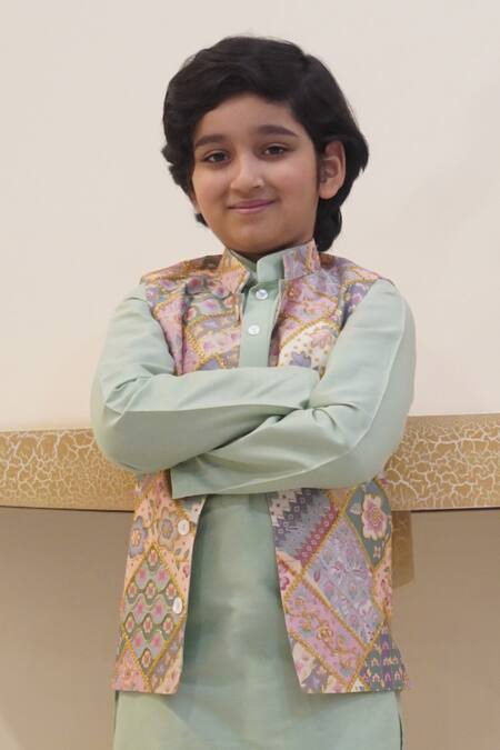 Taber Tikri_Multi Color Silk, Cotton Zari Floral Tile Print Bundi Set _Online_at_Aza_Fashions