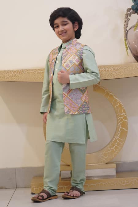 Buy_Taber Tikri_Multi Color Silk, Cotton Zari Floral Tile Print Bundi Set _Online_at_Aza_Fashions