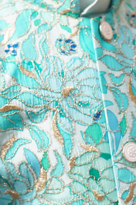 Taber Tikri_Blue Cotton, Silk Zari Floral Print Jodhpuri Jacket Kurta Set _Online_at_Aza_Fashions