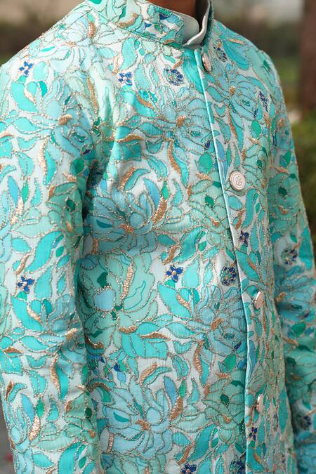 Buy_Taber Tikri_Blue Cotton, Silk Zari Floral Print Jodhpuri Jacket Kurta Set _Online_at_Aza_Fashions
