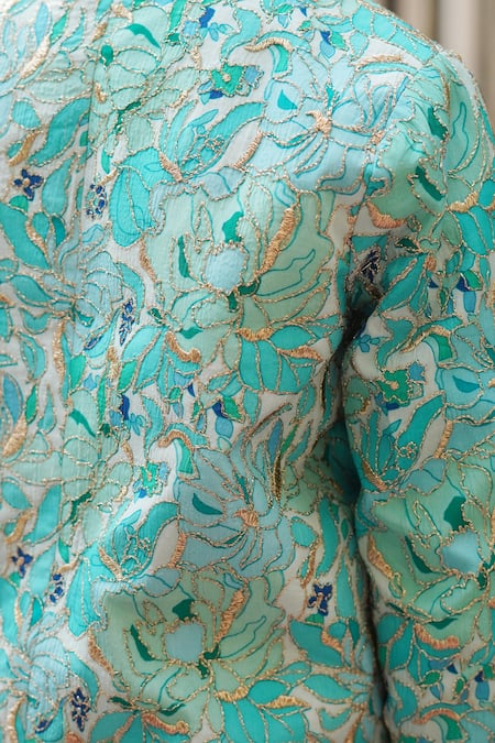 Shop_Taber Tikri_Blue Cotton, Silk Zari Floral Print Jodhpuri Jacket Kurta Set _Online_at_Aza_Fashions