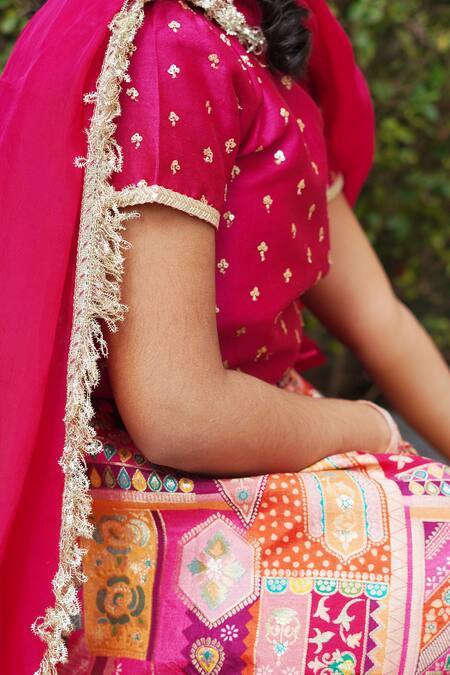 Taber Tikri_Orange Chanderi, Brocade, Organza Sequins, Zari, Mughal Pattern Lehenga Set _Online_at_Aza_Fashions