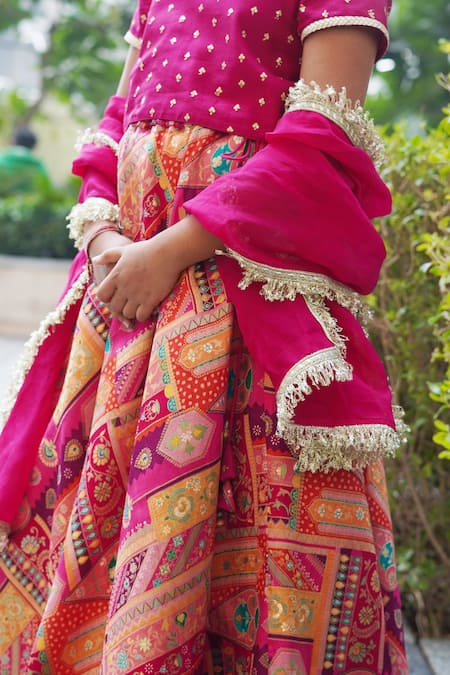 Buy_Taber Tikri_Orange Chanderi, Brocade, Organza Sequins, Zari, Mughal Pattern Lehenga Set _Online_at_Aza_Fashions