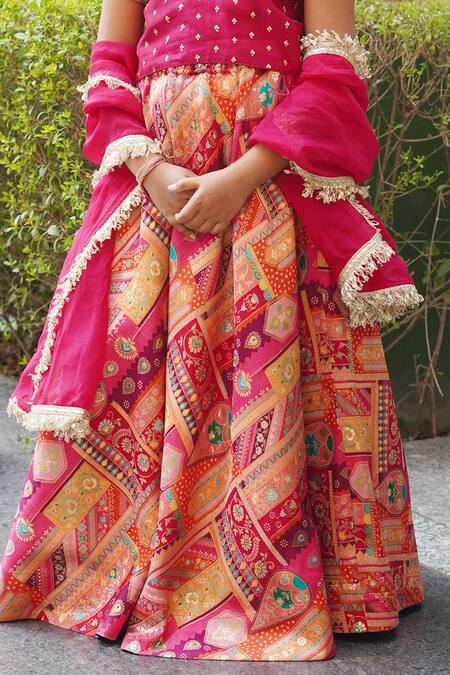 Shop_Taber Tikri_Orange Chanderi, Brocade, Organza Sequins, Zari, Mughal Pattern Lehenga Set _Online_at_Aza_Fashions