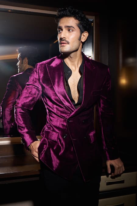 Buy Purple Velvet Solid Double Breasted Jacket With Pant For Men