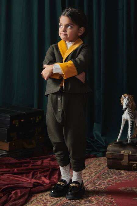 Jasmine And Alaia_Grey Oxford Fabric Solid Alex Jacket With Harem Pant_at_Aza_Fashions