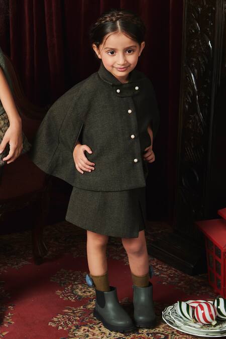 Jasmine And Alaia_Grey Oxford Fabric Textured Kat Cape With Skirt_at_Aza_Fashions