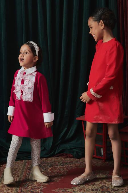 Shop_Jasmine And Alaia_Pink Velvet Embellished Ruffle Stella Bodice Dress_Online_at_Aza_Fashions