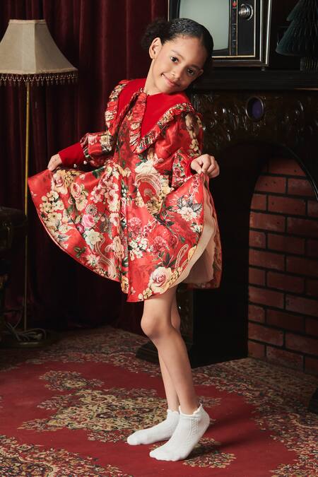 Buy Red Silk Blend Printed Vintage Floral Beatrice Dress For Girls