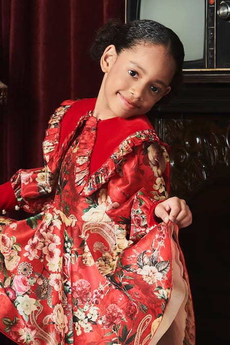 Buy Red Silk Blend Printed Vintage Floral Beatrice Dress For Girls