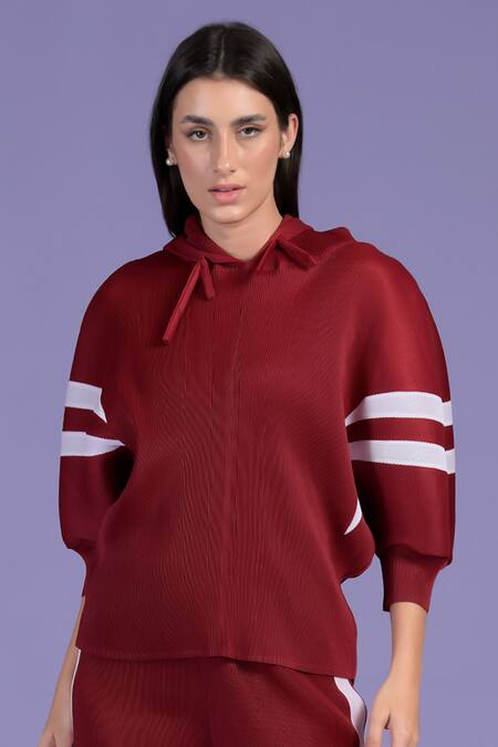 Tasuvure_Red Polyester Halter Neck Carol Chapeau Hooded Top With Pant _Online_at_Aza_Fashions