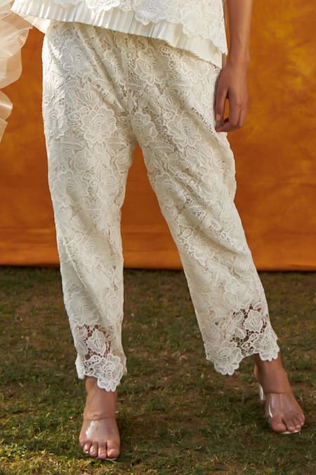 Shop_Tasuvure_White Cotton, Lace Embroidery Round Neck Myra Mesh Cross-back Top With Pant _Online_at_Aza_Fashions
