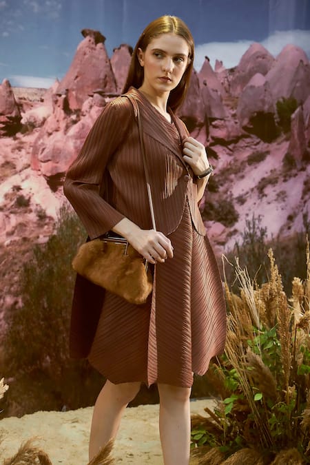 Tasuvure_Brown Polyester Collared Zouave Pleated Dress With Jacket _Online_at_Aza_Fashions
