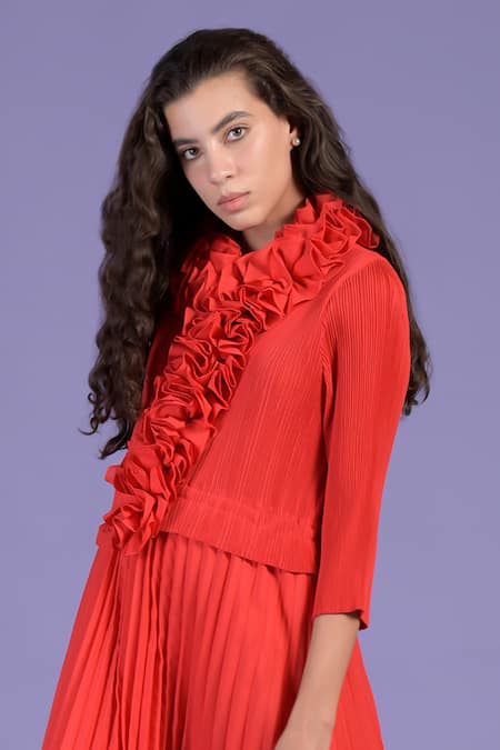 Tasuvure_Red Polyester Round Neck Raspberry Ruffled Dress _Online_at_Aza_Fashions