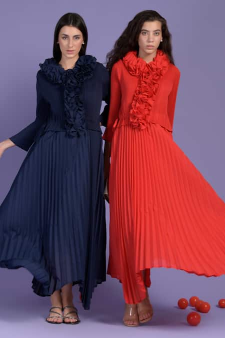 Buy_Tasuvure_Red Polyester Round Neck Raspberry Ruffled Dress _Online_at_Aza_Fashions