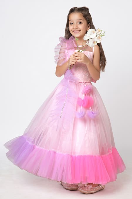 LIL DRAMA Pink Polyester Embroidered Sequin Choli Ruffled Hem Ghaghra Set 