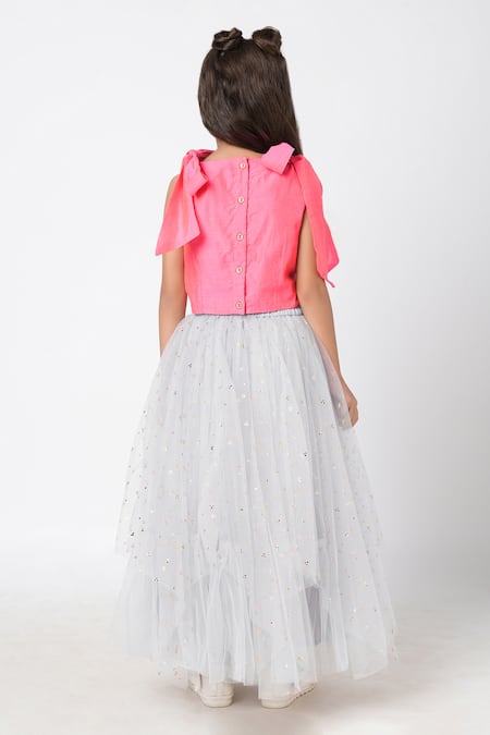 Shop_Lil Drama_Pink Organza, Polyester Sequins, Embroidery Floral Choli Asymmetric Ghaghra Set _at_Aza_Fashions