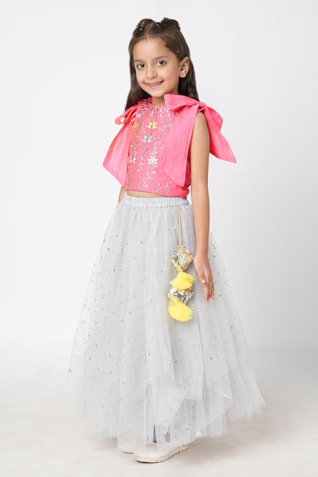 Lil Drama_Pink Organza, Polyester Sequins, Embroidery Floral Choli Asymmetric Ghaghra Set _Online_at_Aza_Fashions