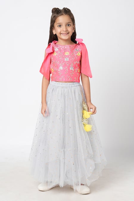 Buy_Lil Drama_Pink Organza, Polyester Sequins, Embroidery Floral Choli Asymmetric Ghaghra Set _Online_at_Aza_Fashions