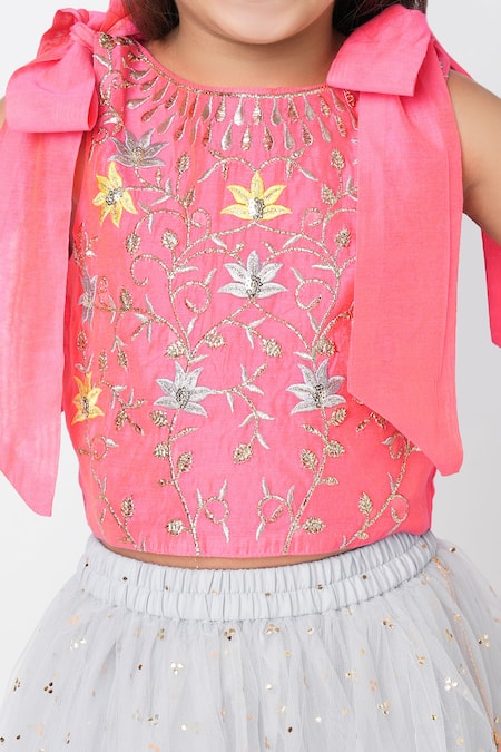 Shop_Lil Drama_Pink Organza, Polyester Sequins, Embroidery Floral Choli Asymmetric Ghaghra Set _Online_at_Aza_Fashions