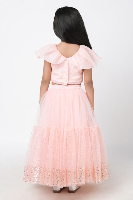 Shop_Lil Drama_Peach Cotton, Net, Polyester Sequins Tiered Embroidered Lehenga Set _at_Aza_Fashions
