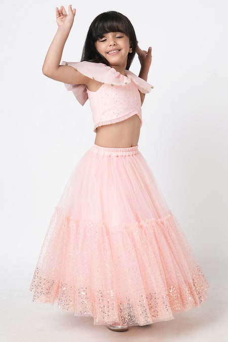 Lil Drama_Peach Cotton, Net, Polyester Sequins Tiered Embroidered Lehenga Set _Online_at_Aza_Fashions