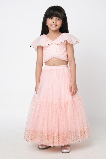 Buy_Lil Drama_Peach Cotton, Net, Polyester Sequins Tiered Embroidered Lehenga Set _Online_at_Aza_Fashions