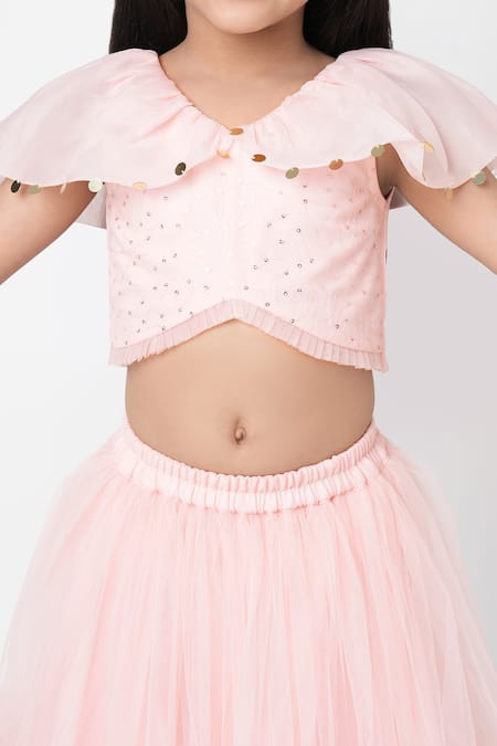 Shop_Lil Drama_Peach Cotton, Net, Polyester Sequins Tiered Embroidered Lehenga Set _Online_at_Aza_Fashions