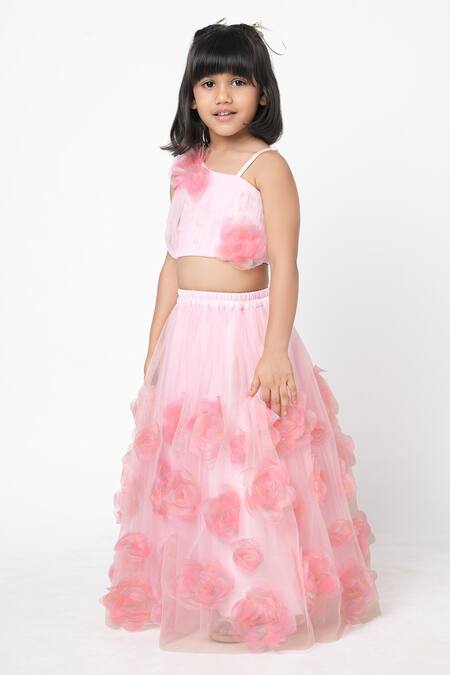 Lil Drama Pink Cotton, Net Embroidery, Fabric Flowers 3d Floral Embellished Lehenga Set Online at Aza Fashions Lil Drama_Pink Cotton, Net Embroidery, Fabric Flowers 3d Floral Embellished Lehenga Set _Online_at_Aza_Fashions
