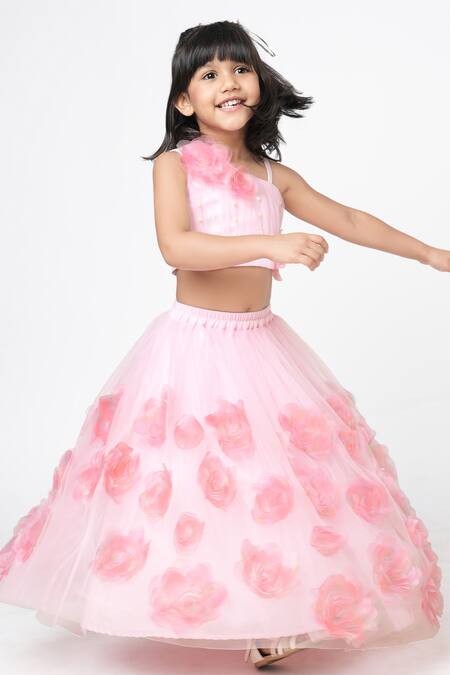 Buy Lil Drama Pink Cotton, Net Embroidery, Fabric Flowers 3d Floral Embellished Lehenga Set Online at Aza Fashions Buy_Lil Drama_Pink Cotton, Net Embroidery, Fabric Flowers 3d Floral Embellished Lehenga Set _Online_at_Aza_Fashions