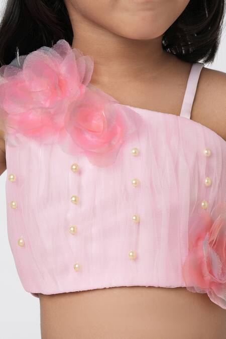 Shop Lil Drama Pink Cotton, Net Embroidery, Fabric Flowers 3d Floral Embellished Lehenga Set Online at Aza Fashions Shop_Lil Drama_Pink Cotton, Net Embroidery, Fabric Flowers 3d Floral Embellished Lehenga Set _Online_at_Aza_Fashions