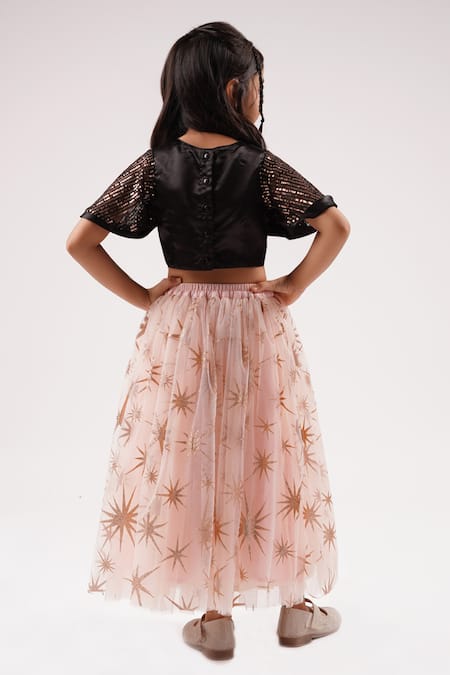 Shop Lil Drama Peach Cotton, Net Sequins Embellished Choli Star Print Lehenga Set at Aza Fashions Shop_Lil Drama_Peach Cotton, Net Sequins Embellished Choli Star Print Lehenga Set _at_Aza_Fashions