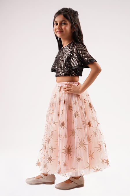 Lil Drama Peach Cotton, Net Sequins Embellished Choli Star Print Lehenga Set Online at Aza Fashions Lil Drama_Peach Cotton, Net Sequins Embellished Choli Star Print Lehenga Set _Online_at_Aza_Fashions