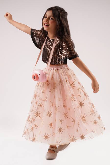 Lil Drama Peach Cotton, Net Sequins Embellished Choli Star Print Lehenga Set at Aza Fashions Lil Drama_Peach Cotton, Net Sequins Embellished Choli Star Print Lehenga Set _at_Aza_Fashions