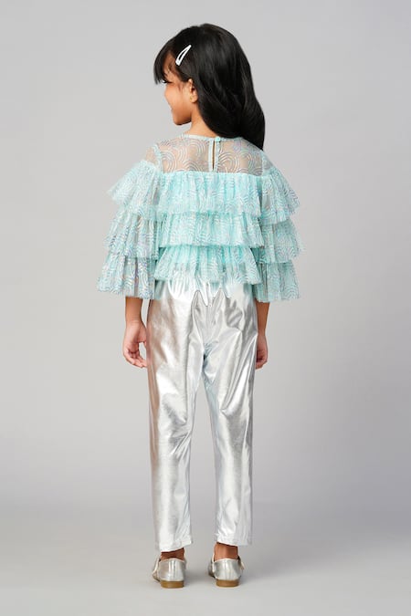 Shop_Lil Drama_Blue Polyester Foil Printing Three-layered Shimmer Top And Pant Set _at_Aza_Fashions
