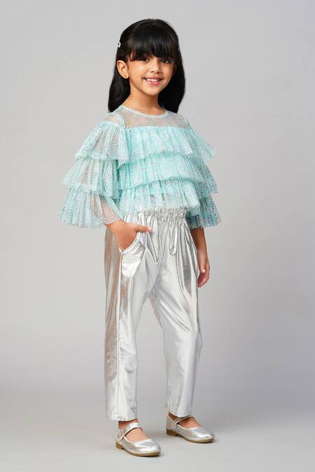Lil Drama_Blue Polyester Foil Printing Three-layered Shimmer Top And Pant Set _Online_at_Aza_Fashions