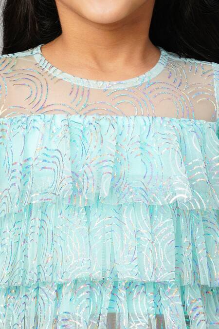 Buy_Lil Drama_Blue Polyester Foil Printing Three-layered Shimmer Top And Pant Set _Online_at_Aza_Fashions